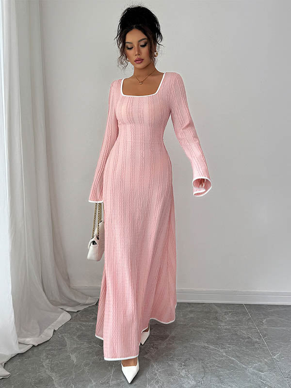 White A-line bodycon ribbed knit maxi dress with split joint and square neckline, stylish and fitted, from My Store.