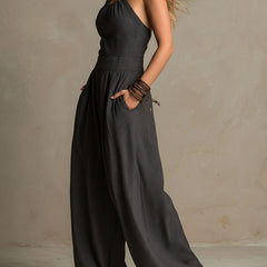 Charcoal pinstripe halter neck wide-leg jumpsuit for women, stylish and comfortable pants from My Store.