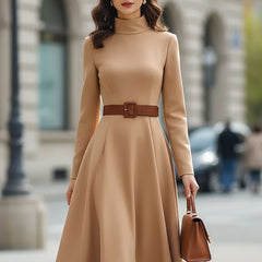 Elegant camel turtleneck belted midi dress from My Store, featuring a fitted silhouette and stylish design.