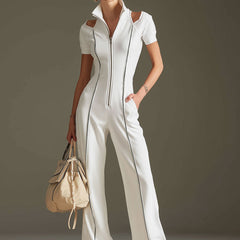 White cotton blend short sleeve wide-leg jumpsuit for women, stylish and comfortable pants from My Store.