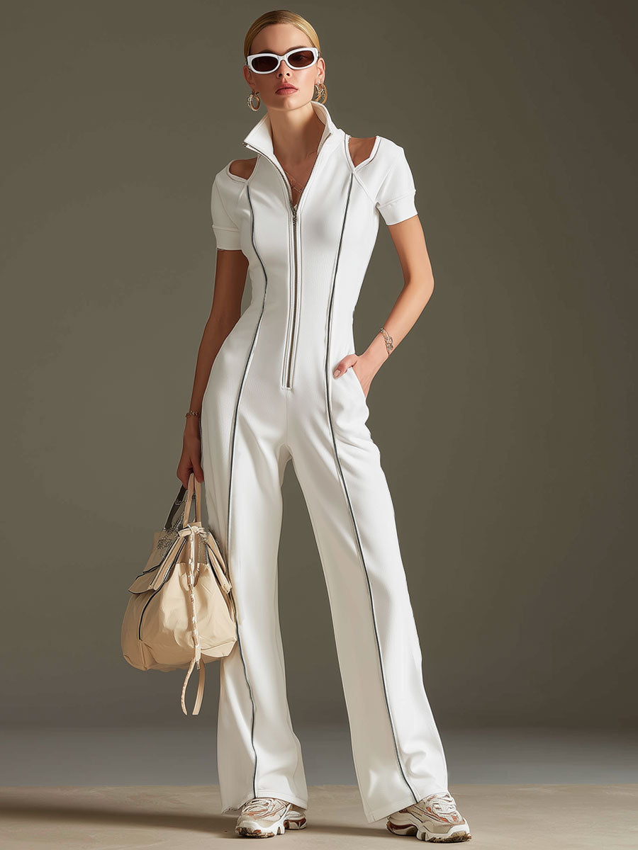 White cotton blend short sleeve wide-leg jumpsuit for women, stylish and comfortable pants from My Store.