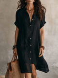 Black linen relaxed midi dress for women with short sleeves and a loose fit, by Tammy Bradley, perfect for casual or summer wear.
