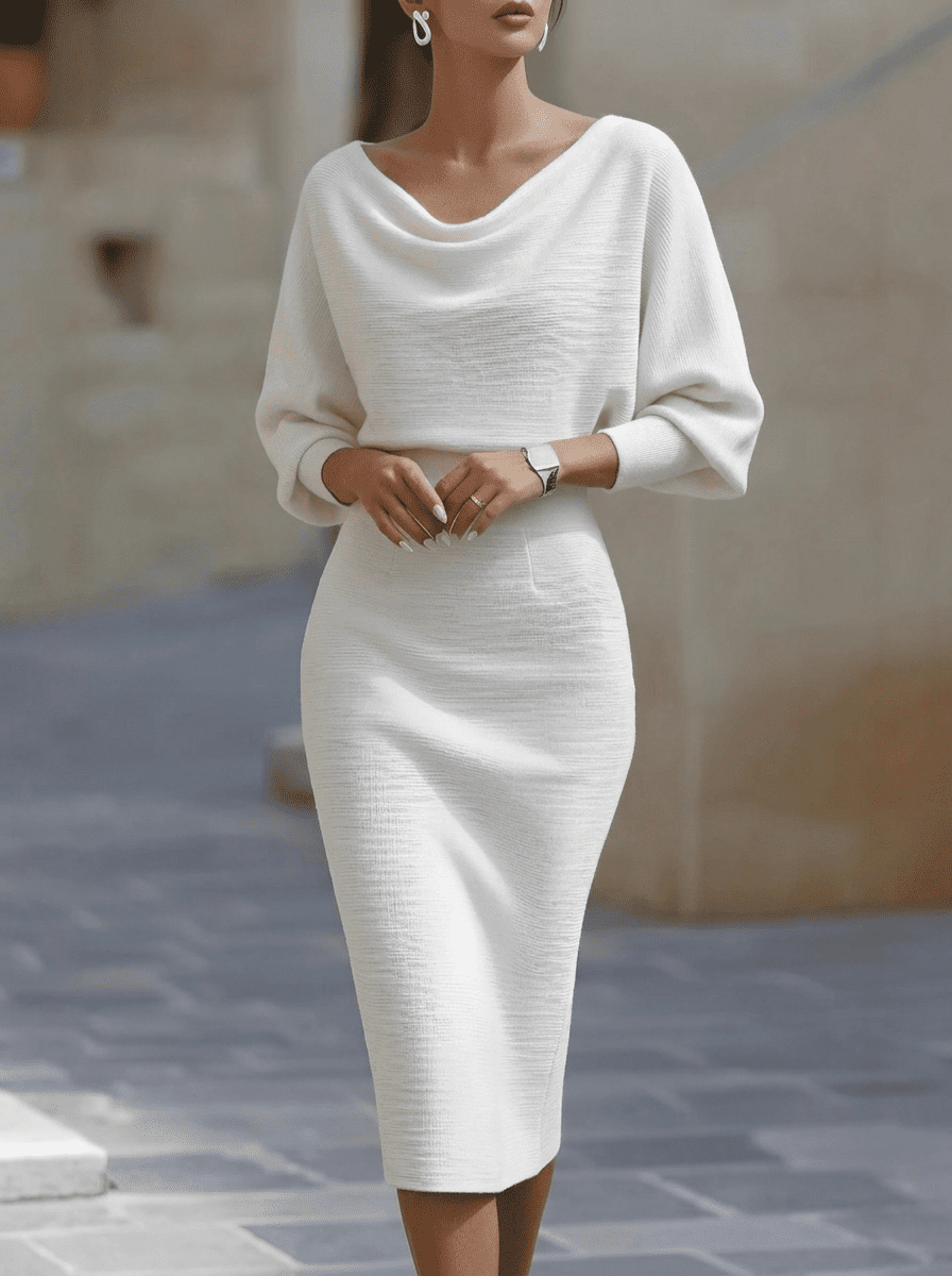 White batwing-sleeve waist-cinching dress for women by Tammy Bradley, showcasing a stylish and elegant fit with flowing fabric.