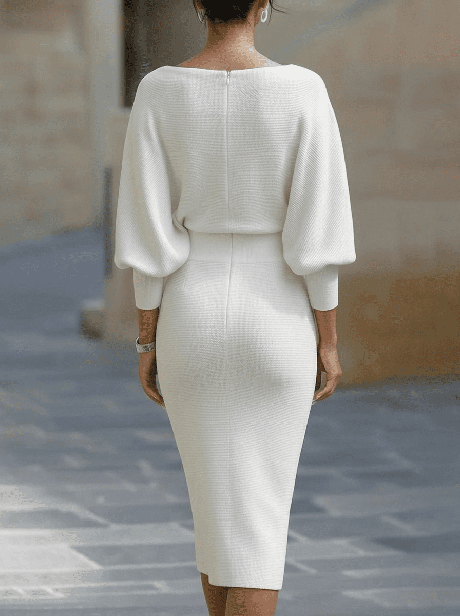 White batwing-sleeve waist-cinching dress for women by Tammy Bradley, featuring a flowy silhouette and stylish design.
