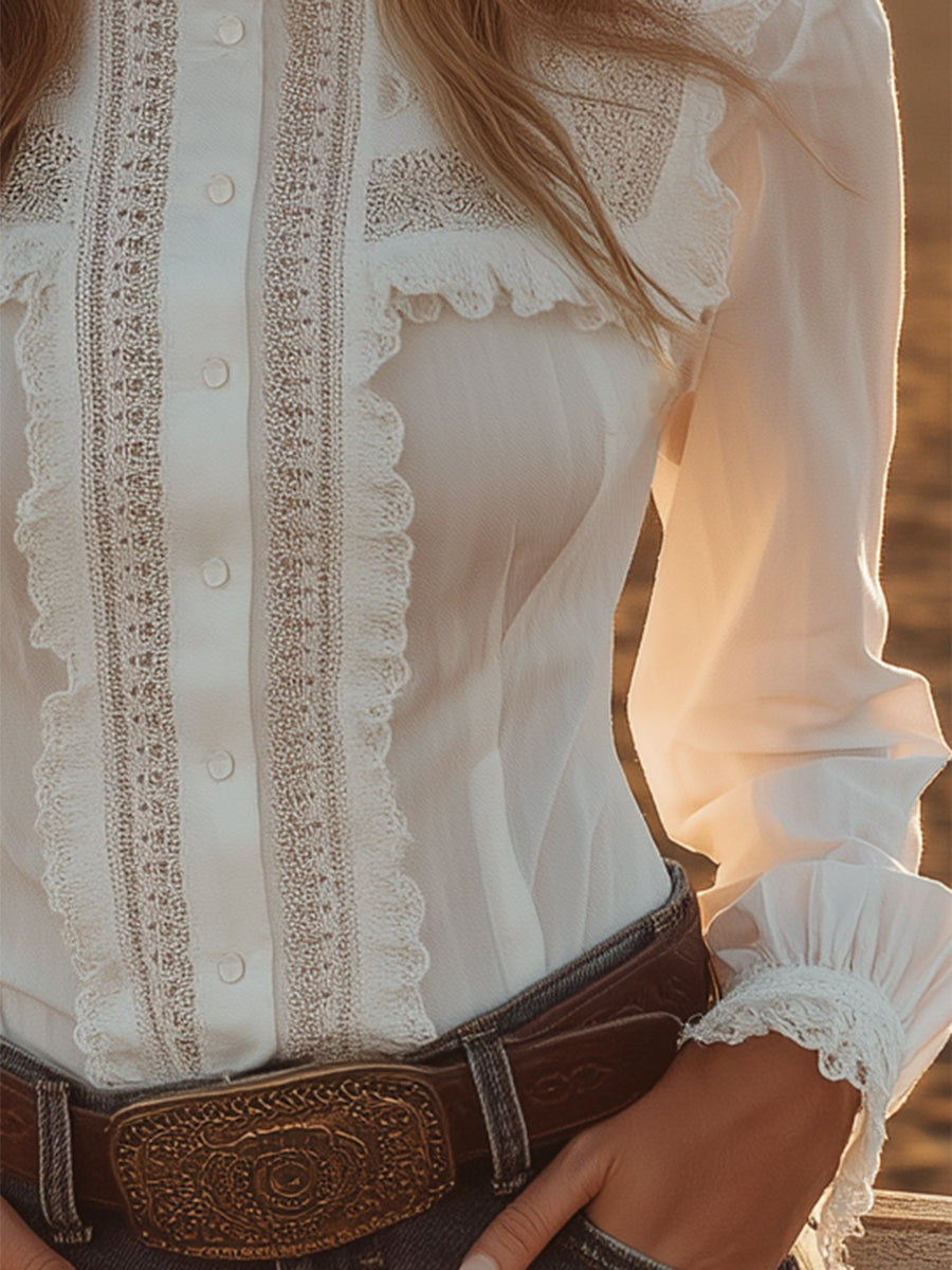 White lace Western button-down shirt for women, stylish blouse with intricate lace details and Western-inspired design.