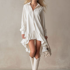 White denim ruffle midi dress by My Store, stylish evening dress with ruffled details and a flattering midi length.