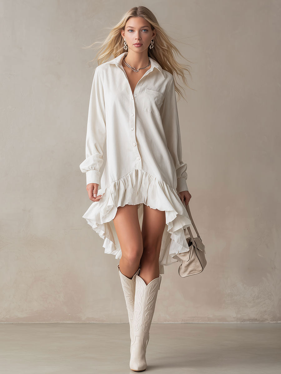 White denim ruffle midi dress by My Store, stylish evening dress with ruffled details and a flattering midi length.