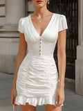 Satin V-neck ruched mini cocktail dress with ruffle hem for women by Tammy Bradley, displayed on a hanger.