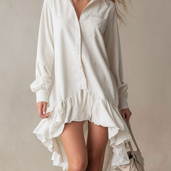 White denim ruffle midi dress from My Store featuring a fitted bodice, ruffled sleeves, and a flowing skirt for evening wear.