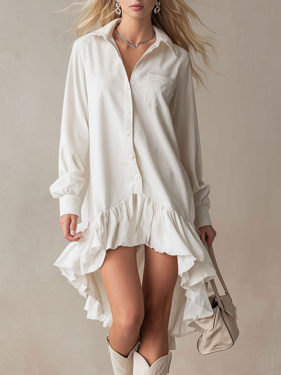 White denim ruffle midi dress from My Store featuring a fitted bodice, ruffled sleeves, and a flowing skirt for evening wear.