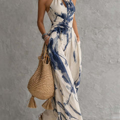 White ink wash print halter neck wide-leg jumpsuit with pockets, women's fashion pants, stylish and comfortable for casual wear.