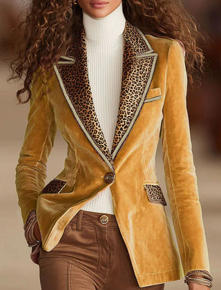 Pink velvet blazer with leopard print and one-button design, stylish jacket for women from My Store.