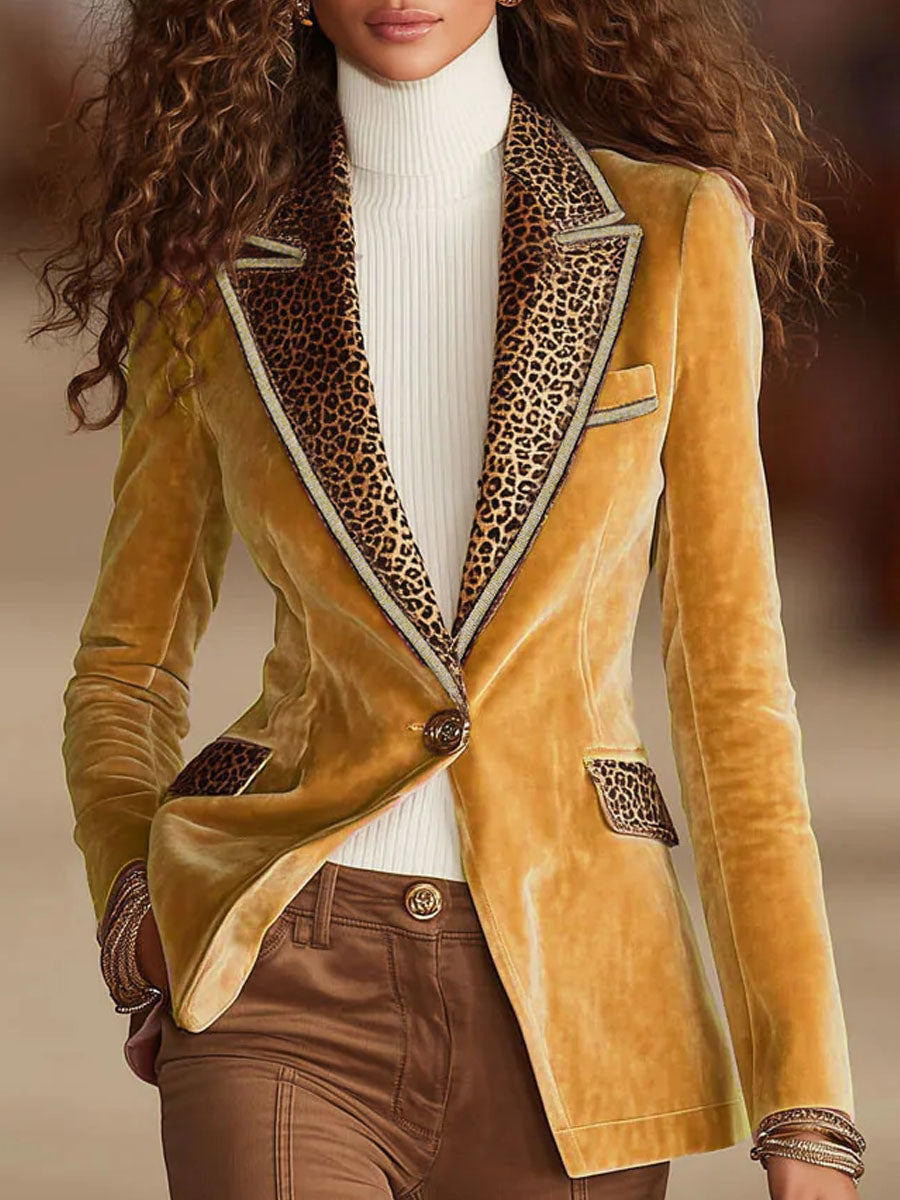 Pink velvet blazer with leopard print and one-button design, stylish jacket for women from My Store.