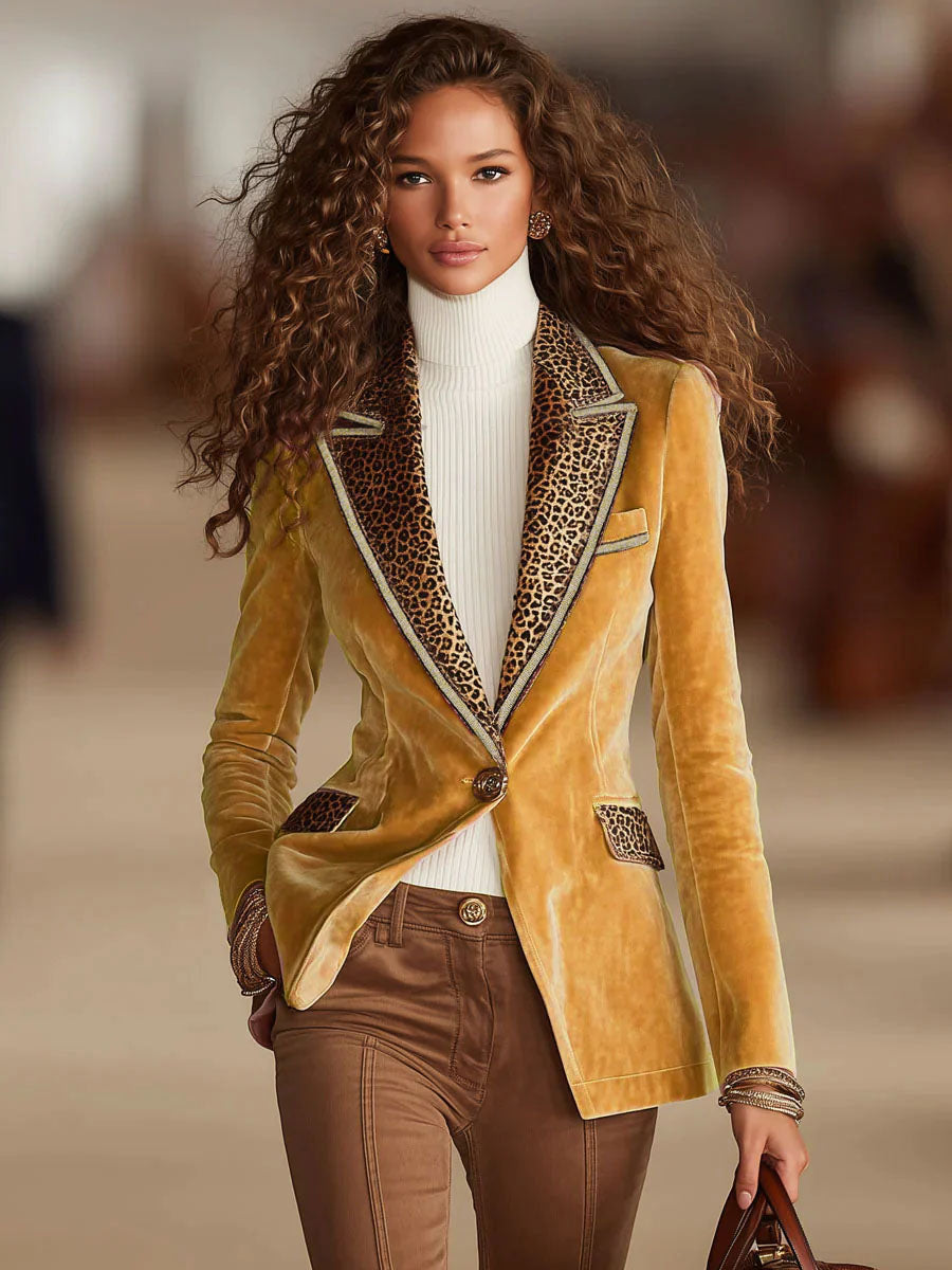 Pink velvet leopard print blazer with one button, stylish jacket from My Store, featuring a tailored fit and bold pattern.