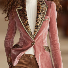 Pink velvet leopard print blazer with one button, stylish jacket from My Store, featuring a tailored fit and bold pattern.