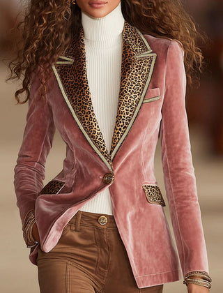 Pink velvet leopard print blazer with one button, stylish jacket from My Store, featuring a tailored fit and bold pattern.