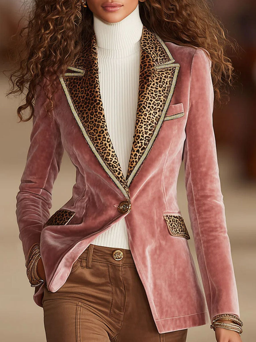 Pink velvet leopard print blazer with one button, stylish jacket from My Store, featuring a tailored fit and bold pattern.