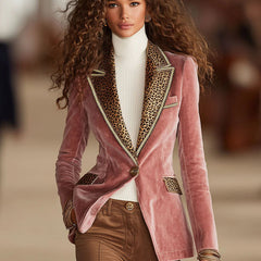 Pink velvet leopard print blazer with one-button closure, stylish jacket from My Store in a trendy pattern and soft fabric.