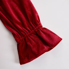 Red velvet pleated ruffled long sleeve blouse from My Store featuring a feminine design and detailed ruffle accents.