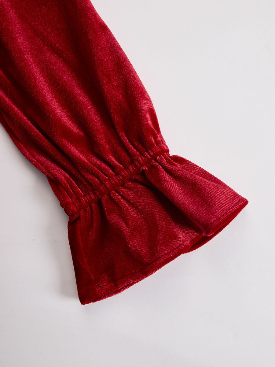Red velvet pleated ruffled long sleeve blouse from My Store featuring a feminine design and detailed ruffle accents.