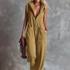 Raspberry red cotton hooded zip-front jumpsuit for women, featuring a relaxed fit and casual style.