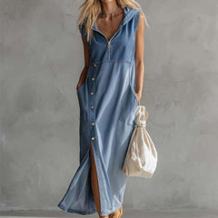 Blue denim V-neck midi dress by My Store, casual dress with a fitted waist and knee-length hem, styled with a relaxed fit.