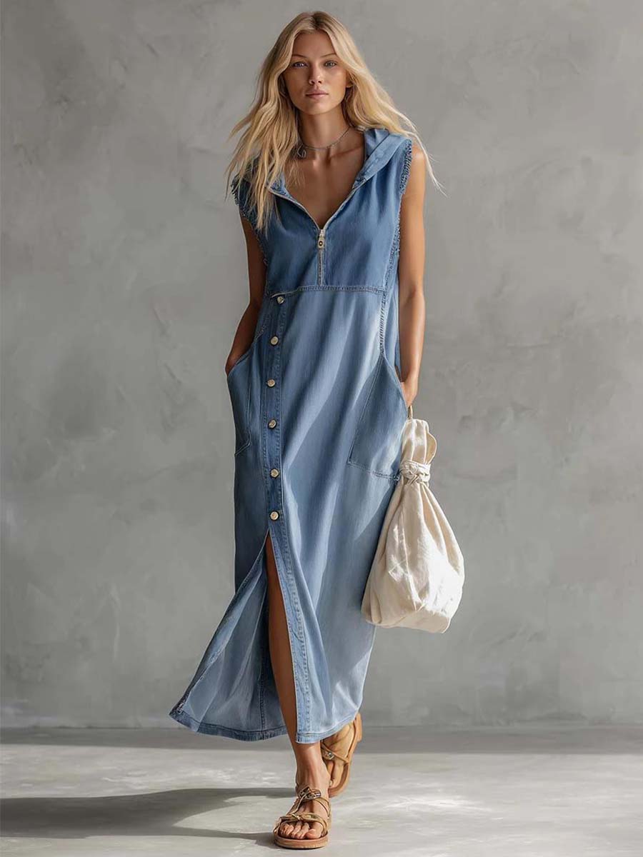 Blue denim V-neck midi dress by My Store, casual dress with a fitted waist and knee-length hem, styled with a relaxed fit.