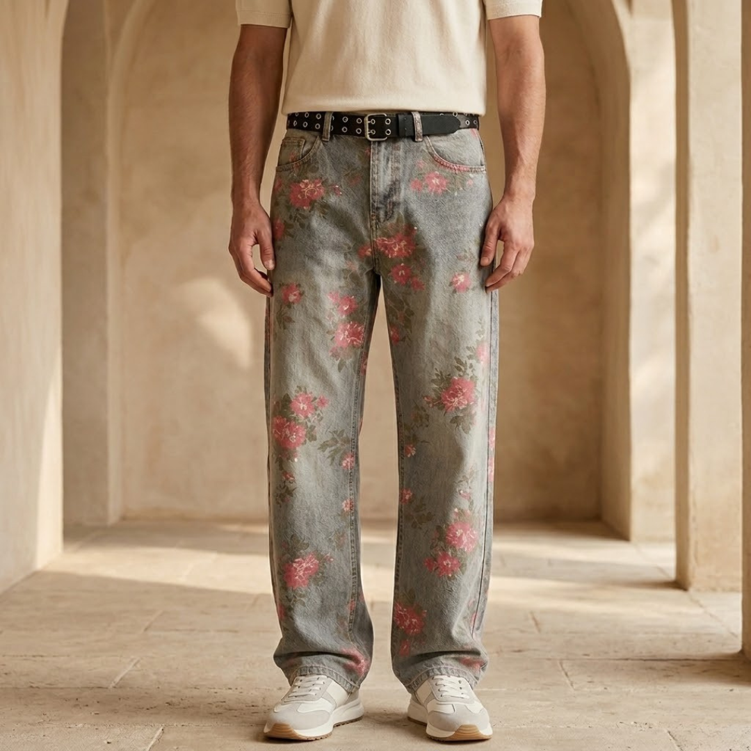 Pink floral baggy wide-leg denim jeans for men, featuring relaxed fit and stylish design from My Store.