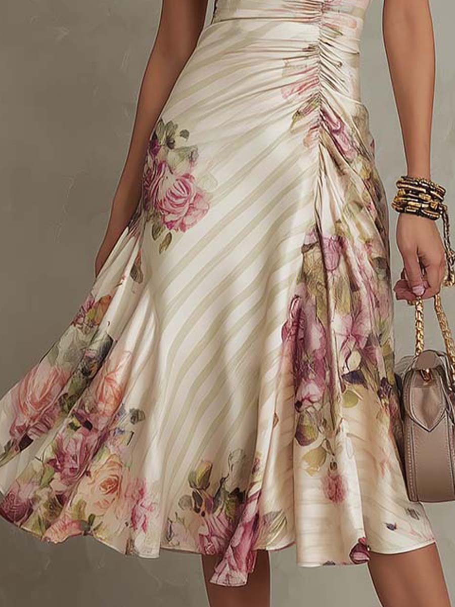 Elegant chiffon floral midi dress by My Store featuring a flowy design and delicate floral pattern for evening occasions.