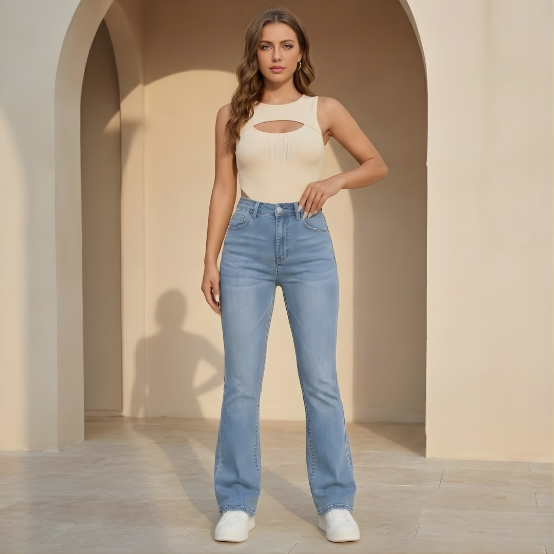 Women's high waist slim fit bootcut jeans made of cotton denim, showcasing the stylish fit and classic denim texture.