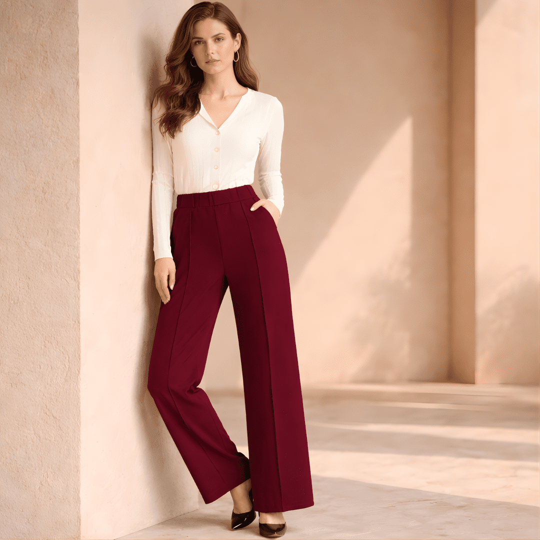Women’s tailored high-waist wide-leg pants by Tammy Bradley, shown in a stylish fit on a model.