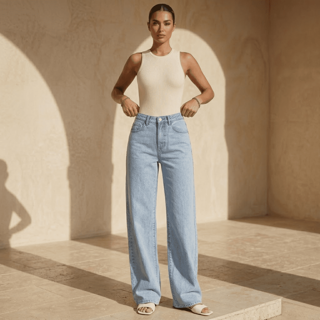 Women's high-waisted wide-leg denim jeans by Tammy Bradley, front view showing relaxed fit and classic blue denim fabric.