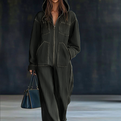 Women's casual loose retro denim jumpsuit with long sleeves, hood, zipper, and front pockets, styled as pants by My Store.