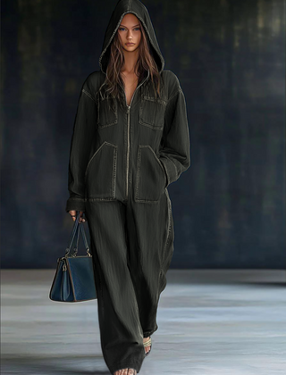 Women's casual loose retro denim jumpsuit with long sleeves, hood, zipper, and front pockets, styled as pants by My Store.
