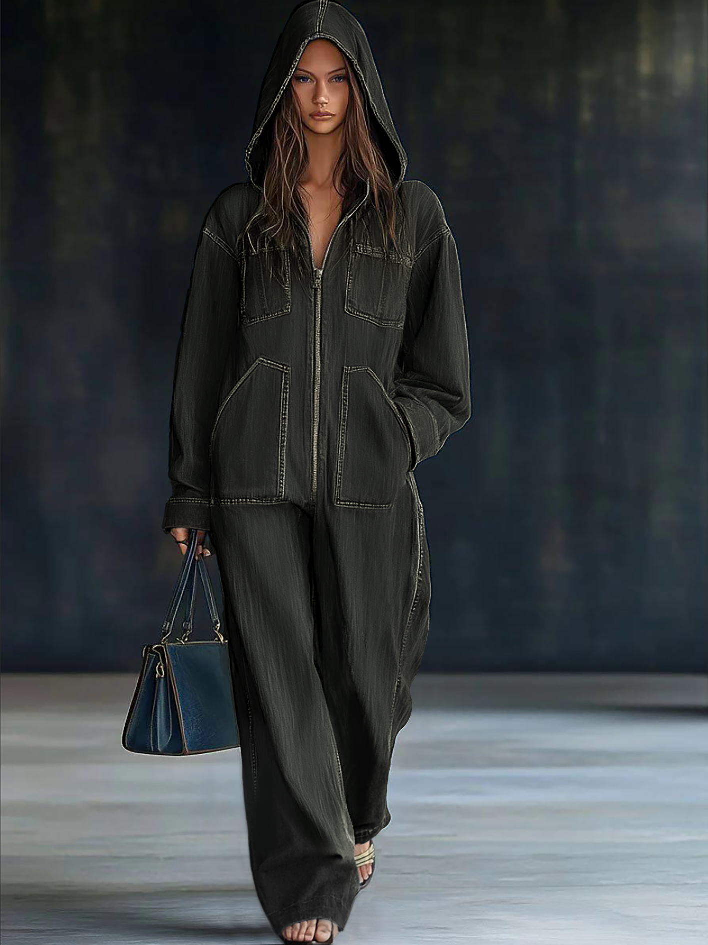 Women's casual loose retro denim jumpsuit with long sleeves, hood, zipper, and front pockets, styled as pants by My Store.