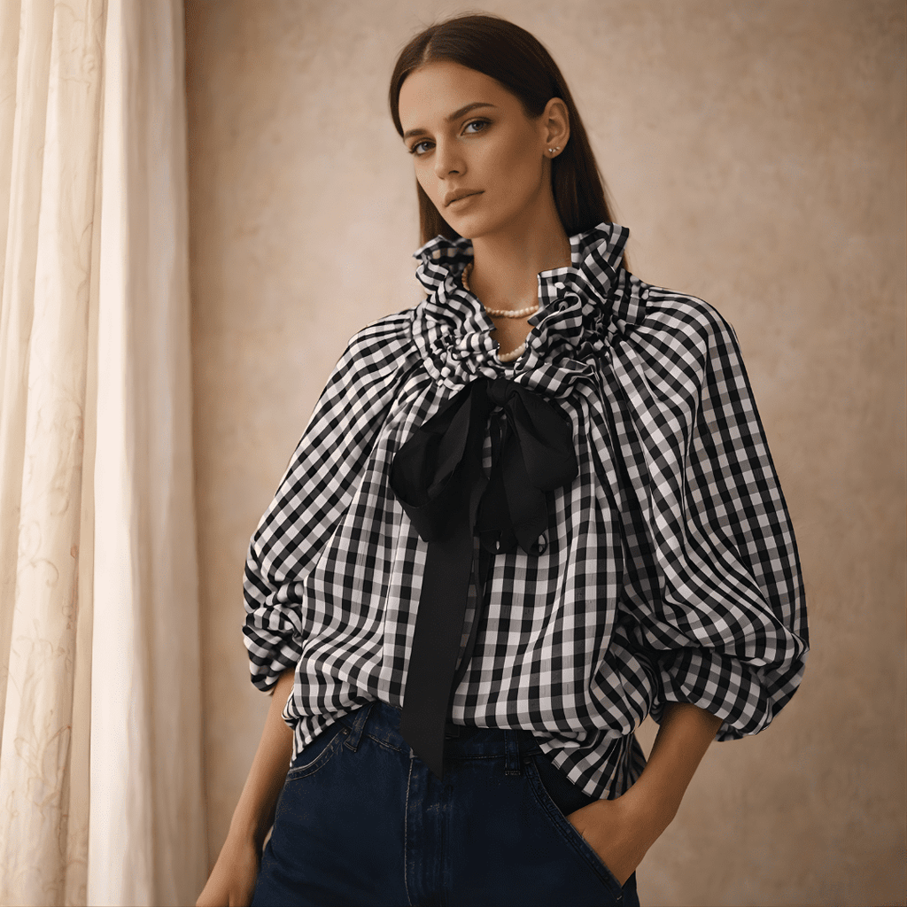 Gingham ruffle oversized long-sleeve blouse for women by Tammy Bradley, featuring a classic pattern and flowy fit.