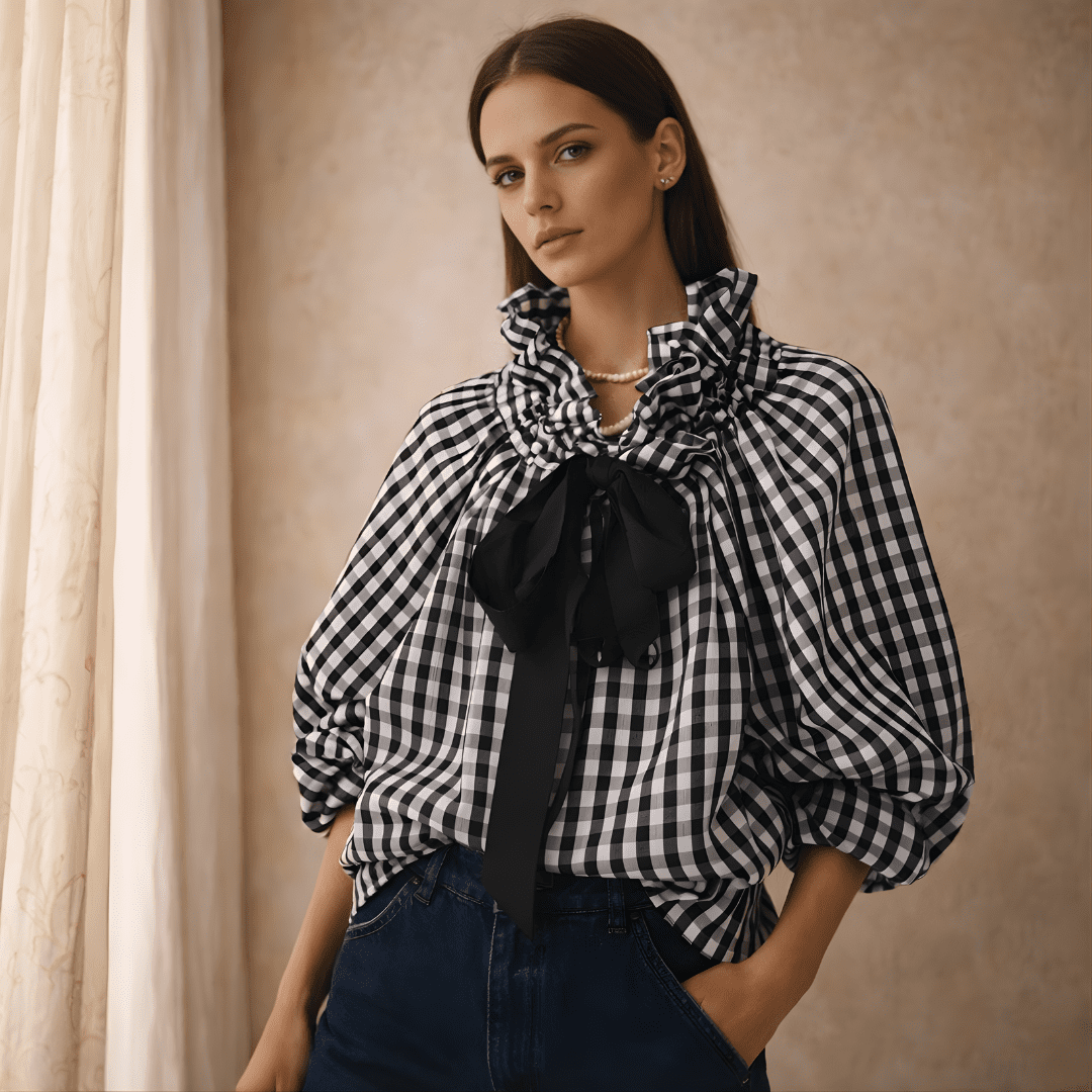 Gingham ruffle oversized long-sleeve blouse for women by Tammy Bradley, featuring a classic pattern and flowy fit.