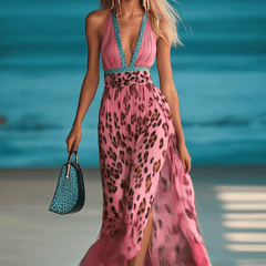 Pink chiffon V-neck maxi dress for women, flowing chiffon fabric and elegant design, suitable for formal occasions.