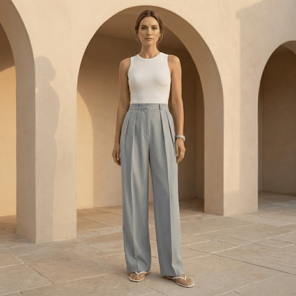 White high-waisted pleated wide-leg trousers for women by Tammy Bradley, shown hanging with a relaxed fit and crisp pleats.