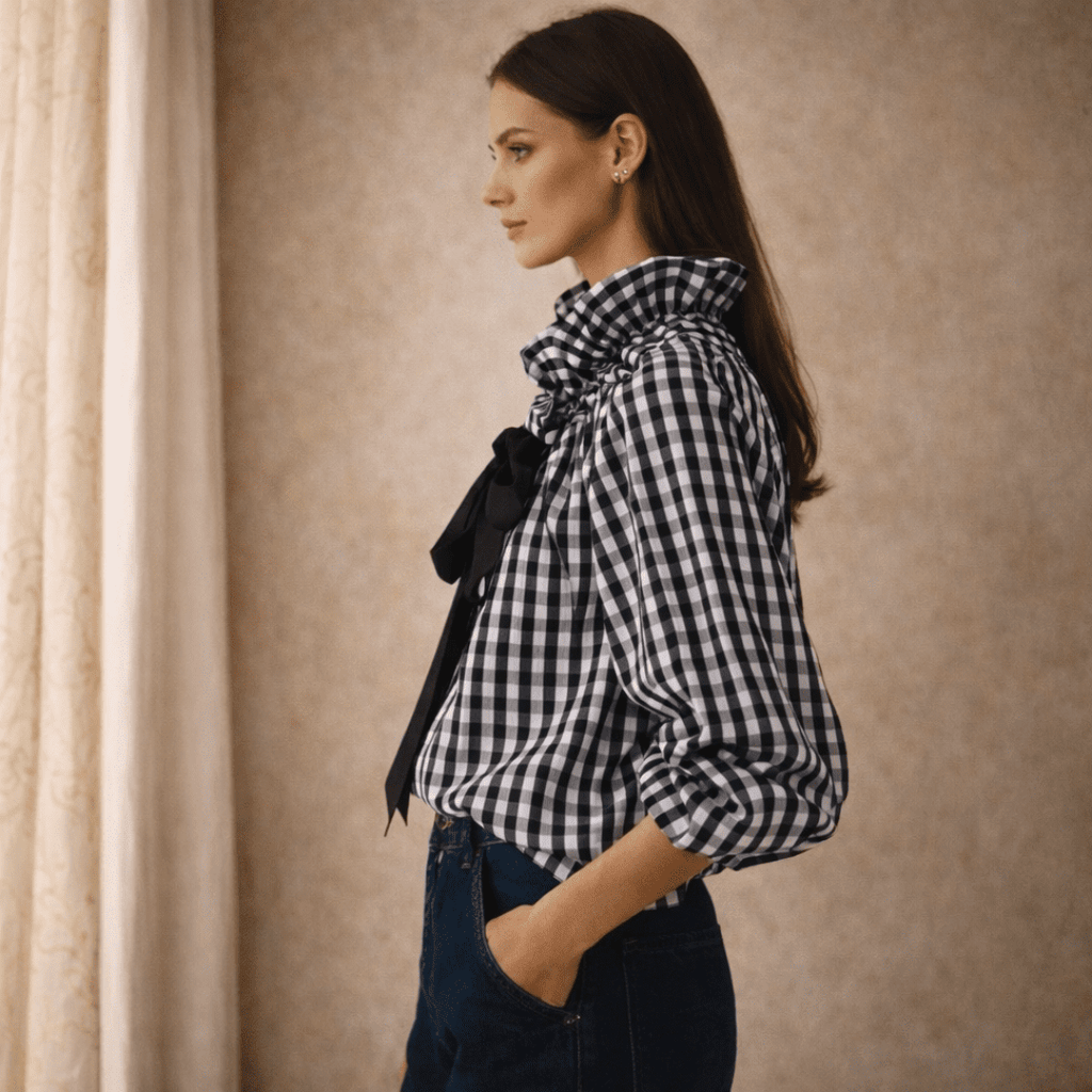 Gingham ruffle oversized long-sleeve blouse for women by Tammy Bradley, featuring a stylish ruffle detail and relaxed fit.