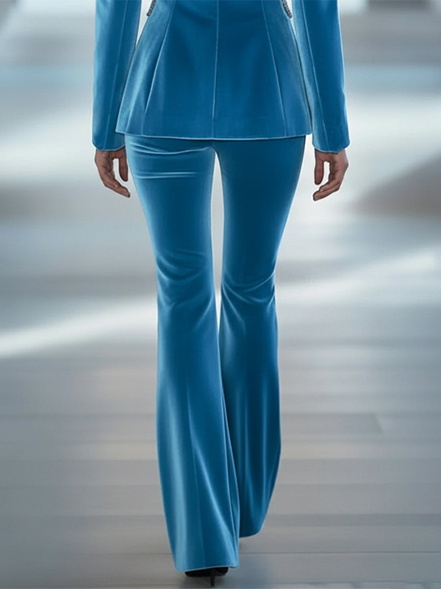 Blue loose velvet flared women's trousers featuring a relaxed fit and wide-leg style, perfect for casual or stylish looks.