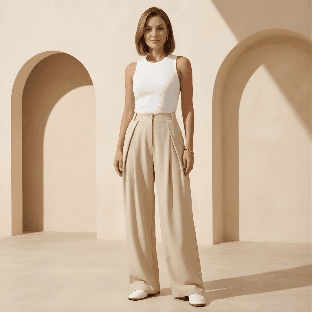 Women’s high-waisted wide-leg tailored trousers by Tammy Bradley, featuring a smooth fit and classic design in neutral fabric.