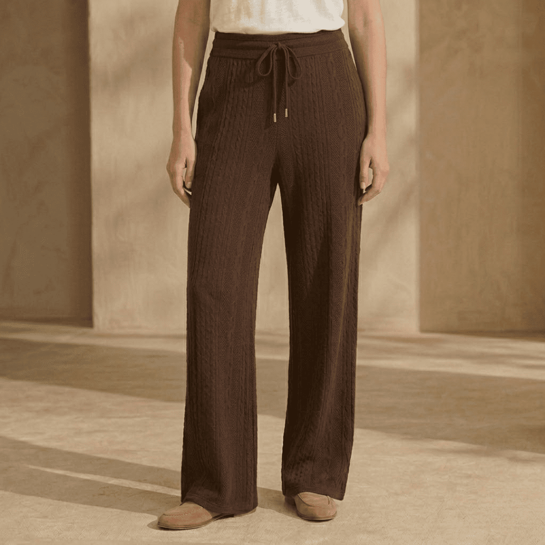 Women's cable-knit wide-leg lounge trousers by Tammy Bradley, featuring cozy knit fabric and relaxed fit for comfortable wear.