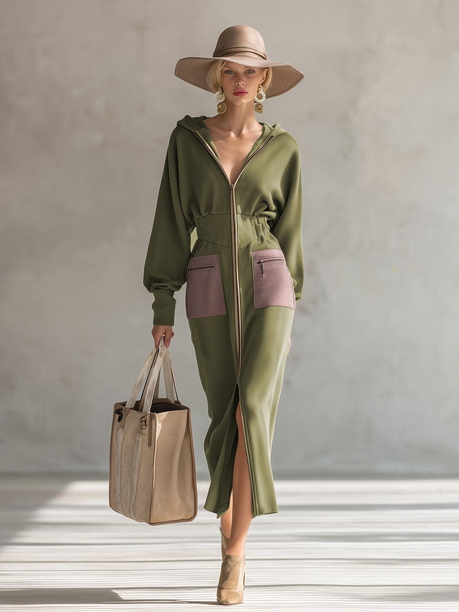 Green long sleeve maxi dress from My Store, elegant evening dress with flowing fabric and fitted waist, full-length style.