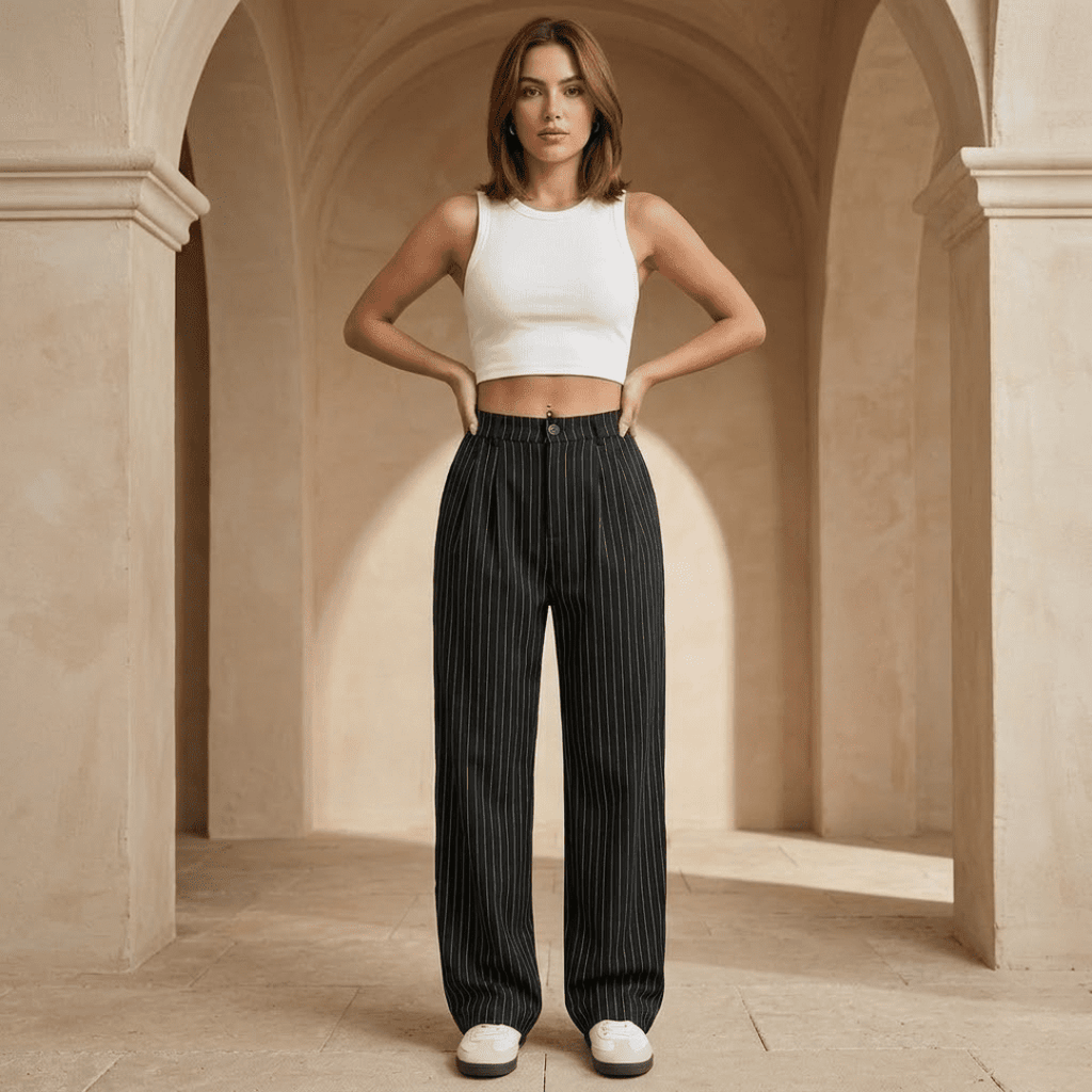 Women’s pinstripe high-waisted wide-leg trousers by Tammy Bradley, tailored fit with a stylish pinstripe pattern.