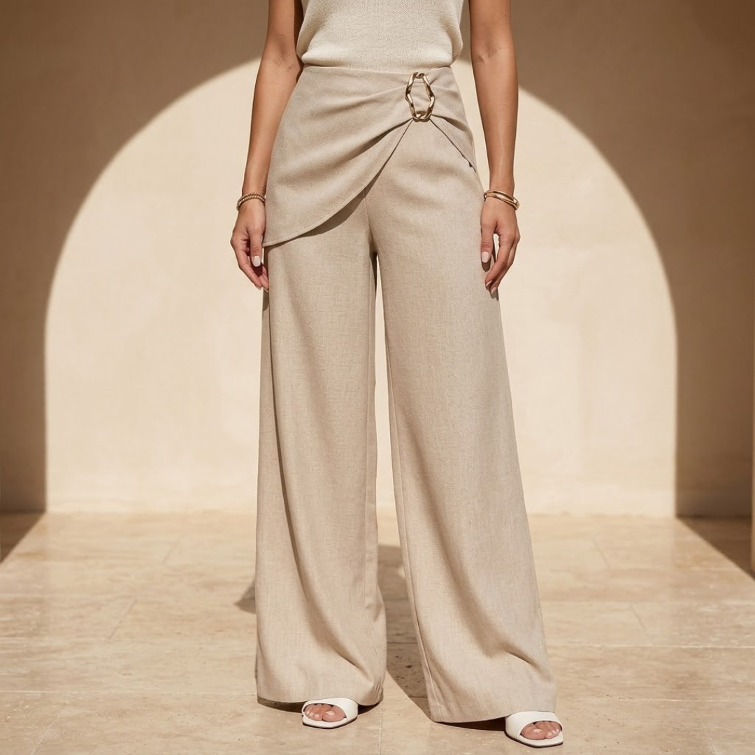 Beige asymmetric waist wide-leg women's pants with relaxed fit and flowy fabric, stylish and comfortable for casual wear.