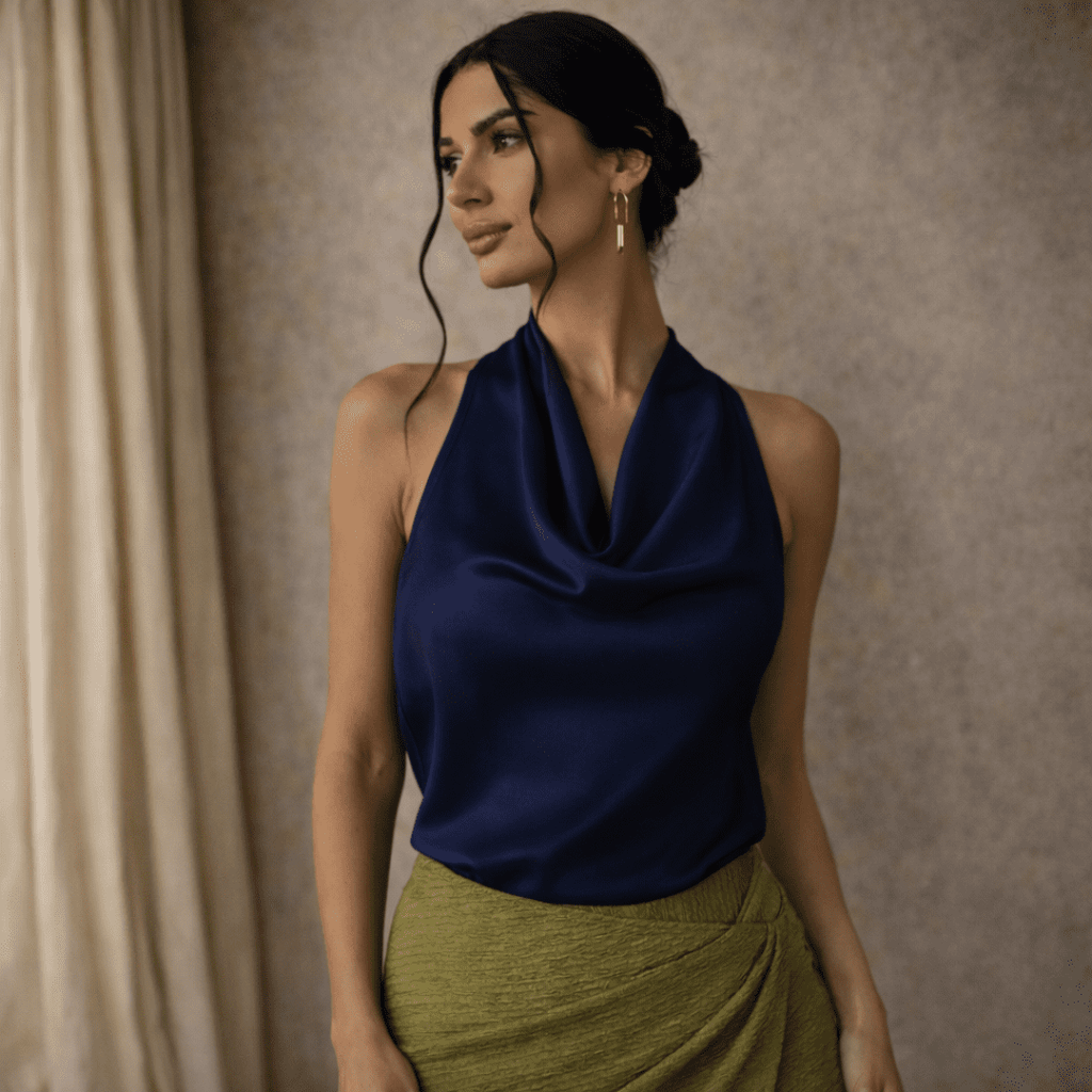 Cream satin cowl-neck sleeveless top for women by Tammy Bradley, showcasing smooth fabric and elegant drape.