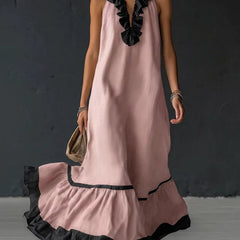 A-line loose maxi dress with contrast color pleats, ruffle trim, split-joint V-neck, by My Store, styled for casual elegance.