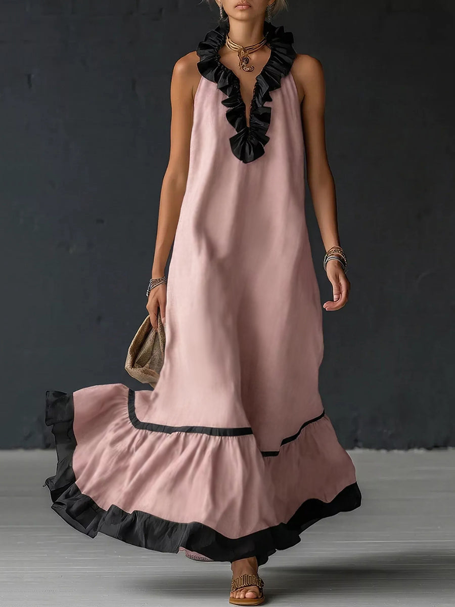 A-line loose maxi dress with contrast color pleats, ruffle trim, split-joint V-neck, by My Store, styled for casual elegance.