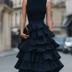 Sleeveless high neck tiered ruffle midi dress from My Store featuring layered fabric and a flowy, elegant design.